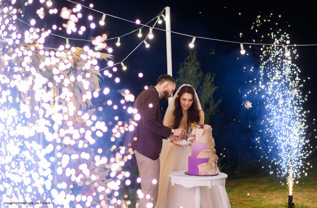 Couple cutting the cake and celebrate